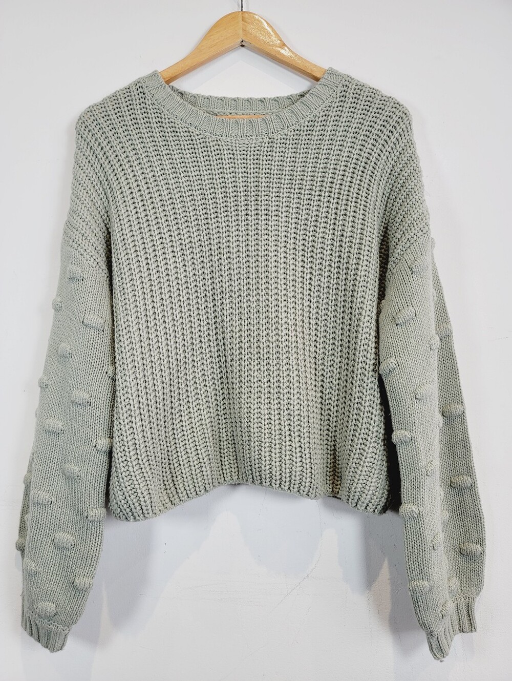 moon & madison Sage Knit Pom-Pom Sleeve Crew Sweater, Size L